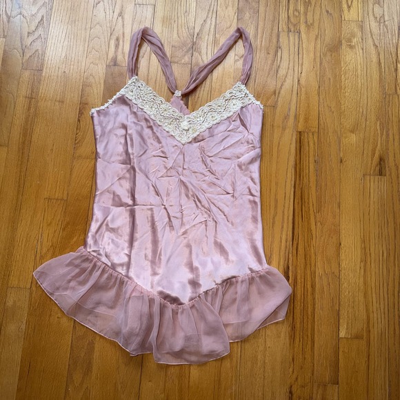 Vintage Dentelle Slip Dress L Pink Satin Lace Ruffle Hem Chemise‎ USA Lingerie - Picture 9 of 12
